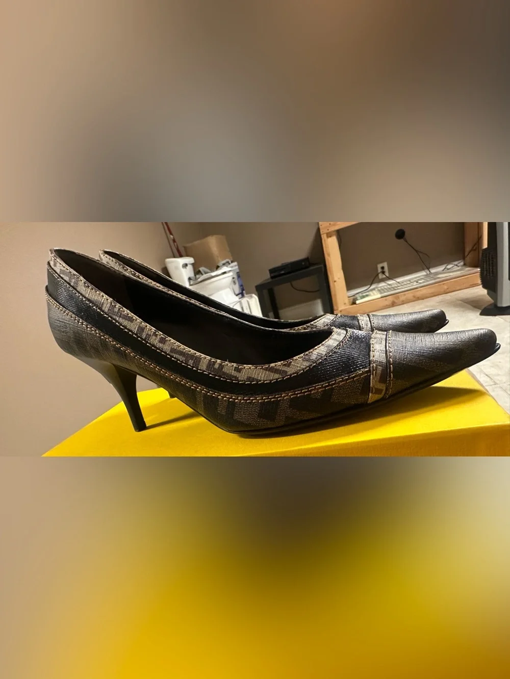 Fendi Brown Monogram Pointed-Toe Pumps with Black Trim